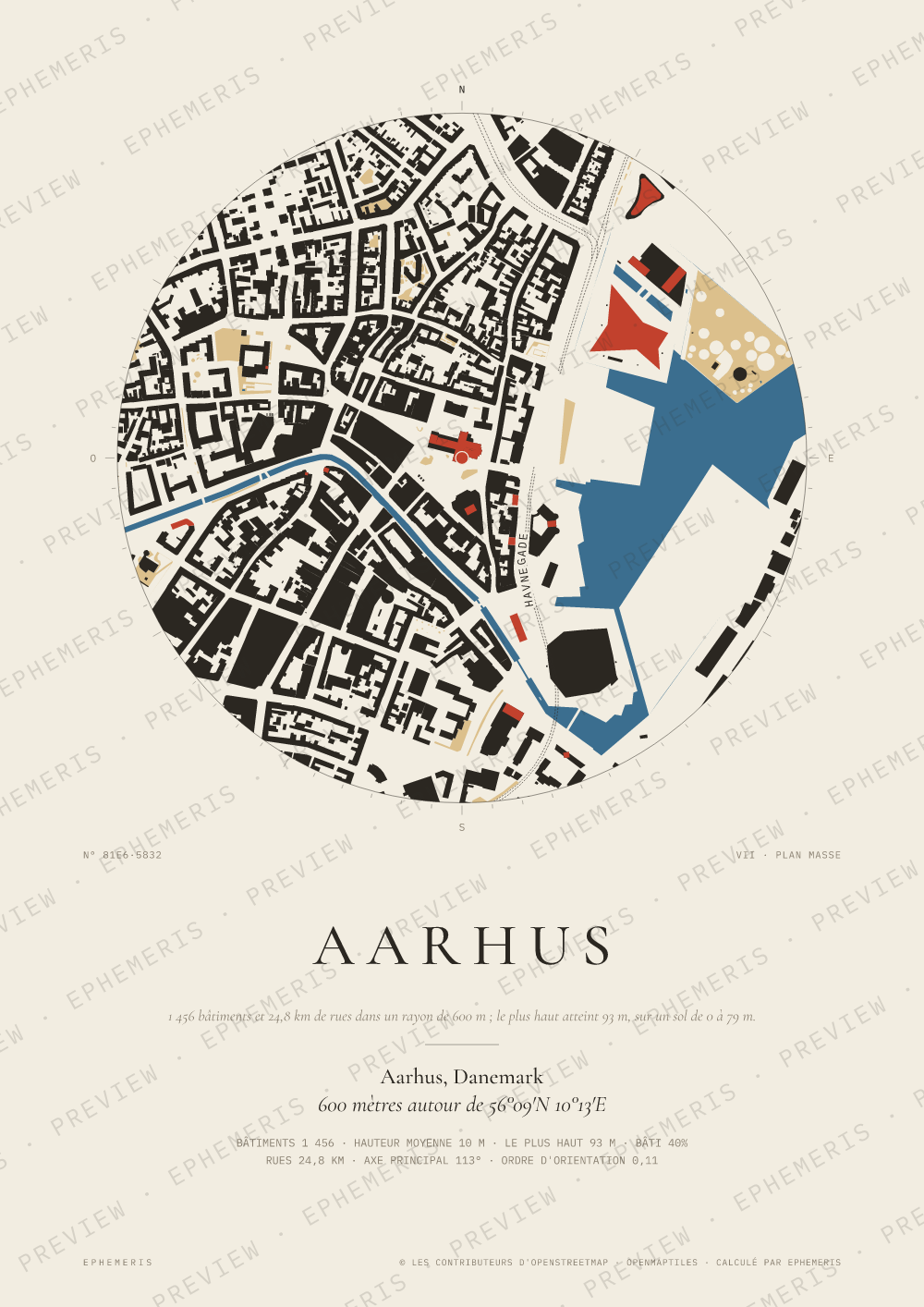 Affiche carte de Aarhus : la ville dessinée en plan
