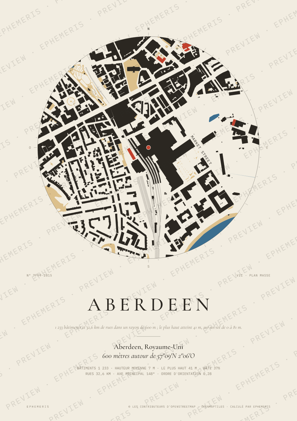 Affiche carte de Aberdeen : la ville dessinée en plan