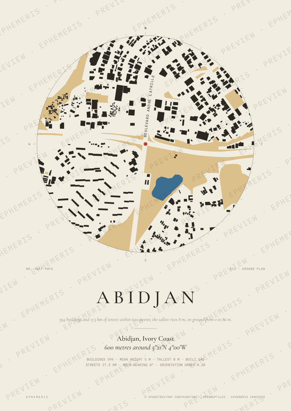 Abidjan map poster: the city drawn as a plan