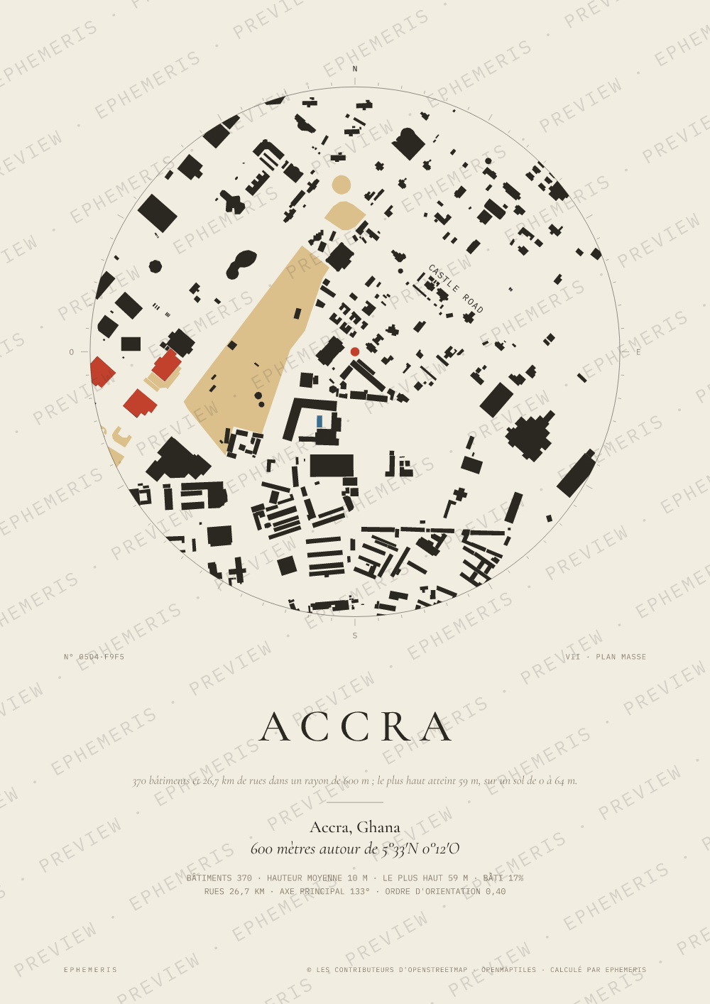 Affiche carte de Accra : la ville dessinée en plan