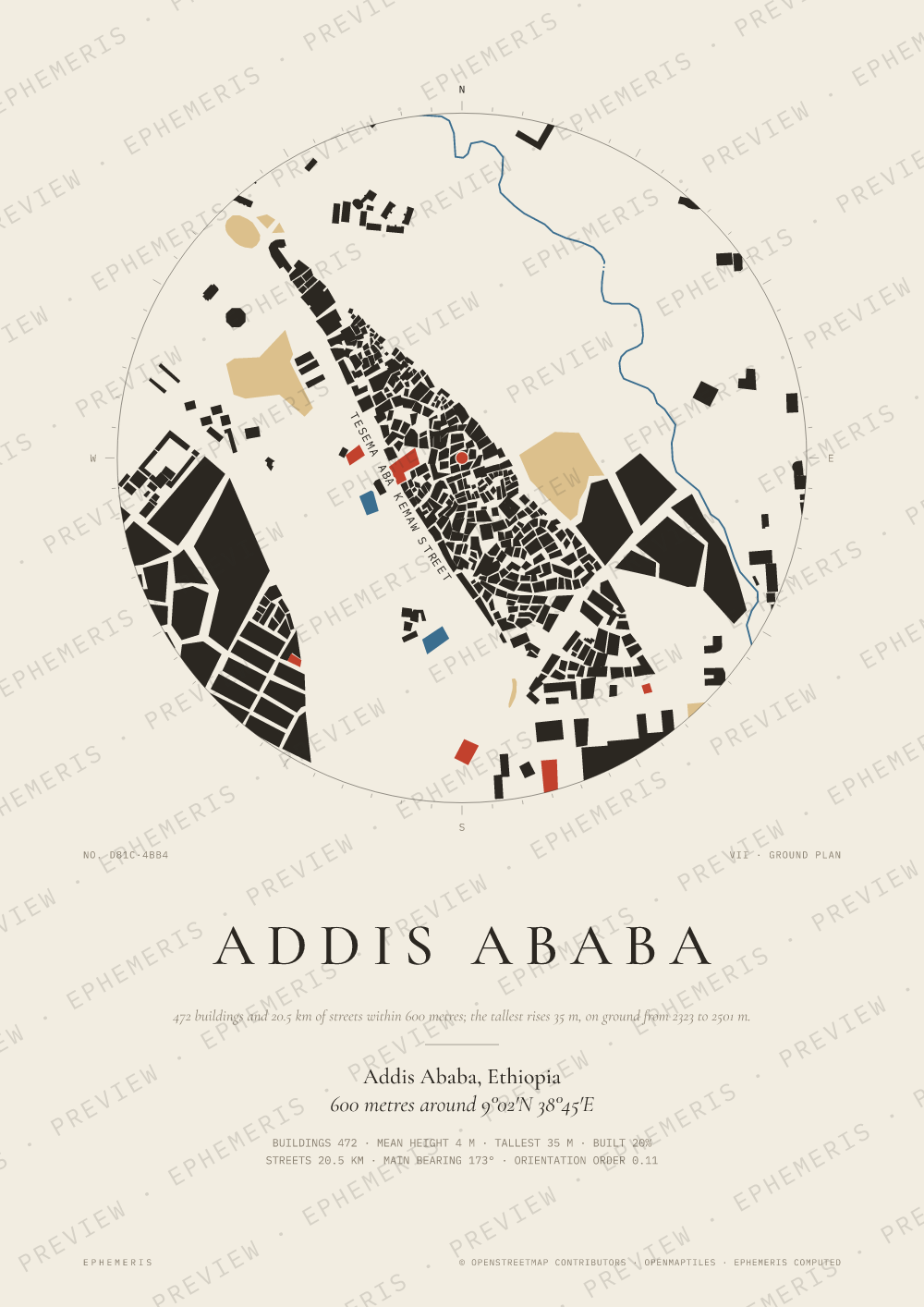 Addis Ababa map poster: the city drawn as a plan