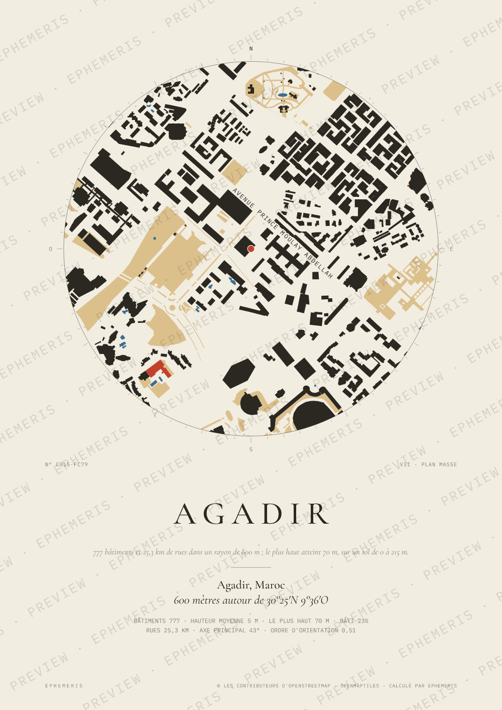 Affiche carte de Agadir : la ville dessinée en plan