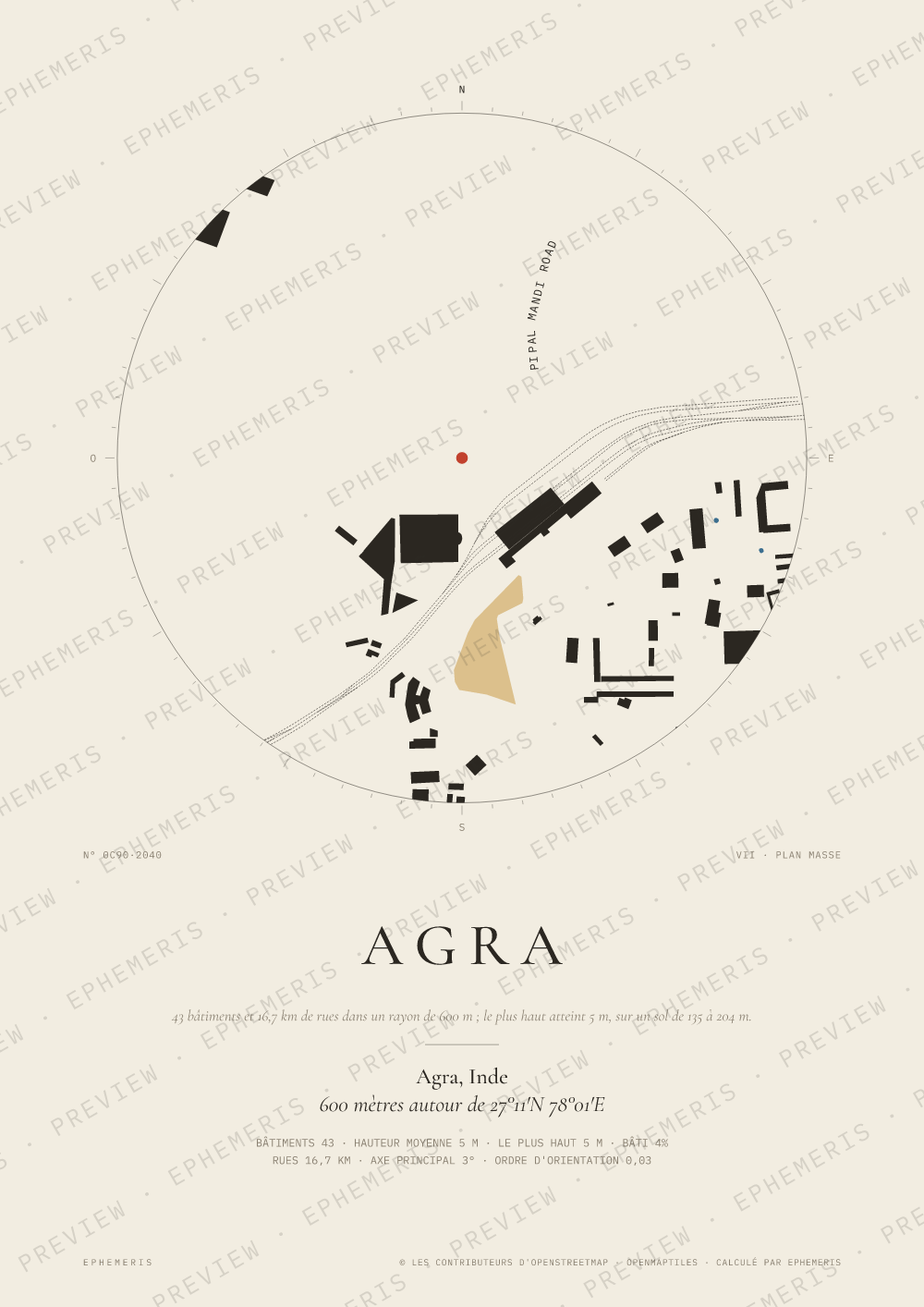 Affiche carte de Agra : la ville dessinée en plan