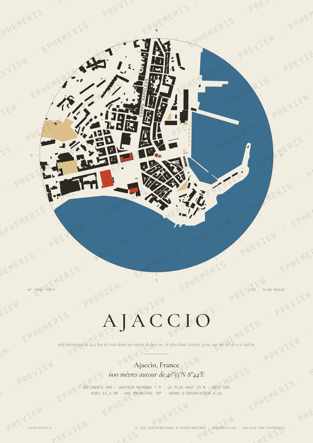 Affiche carte de Ajaccio : la ville dessinée en plan