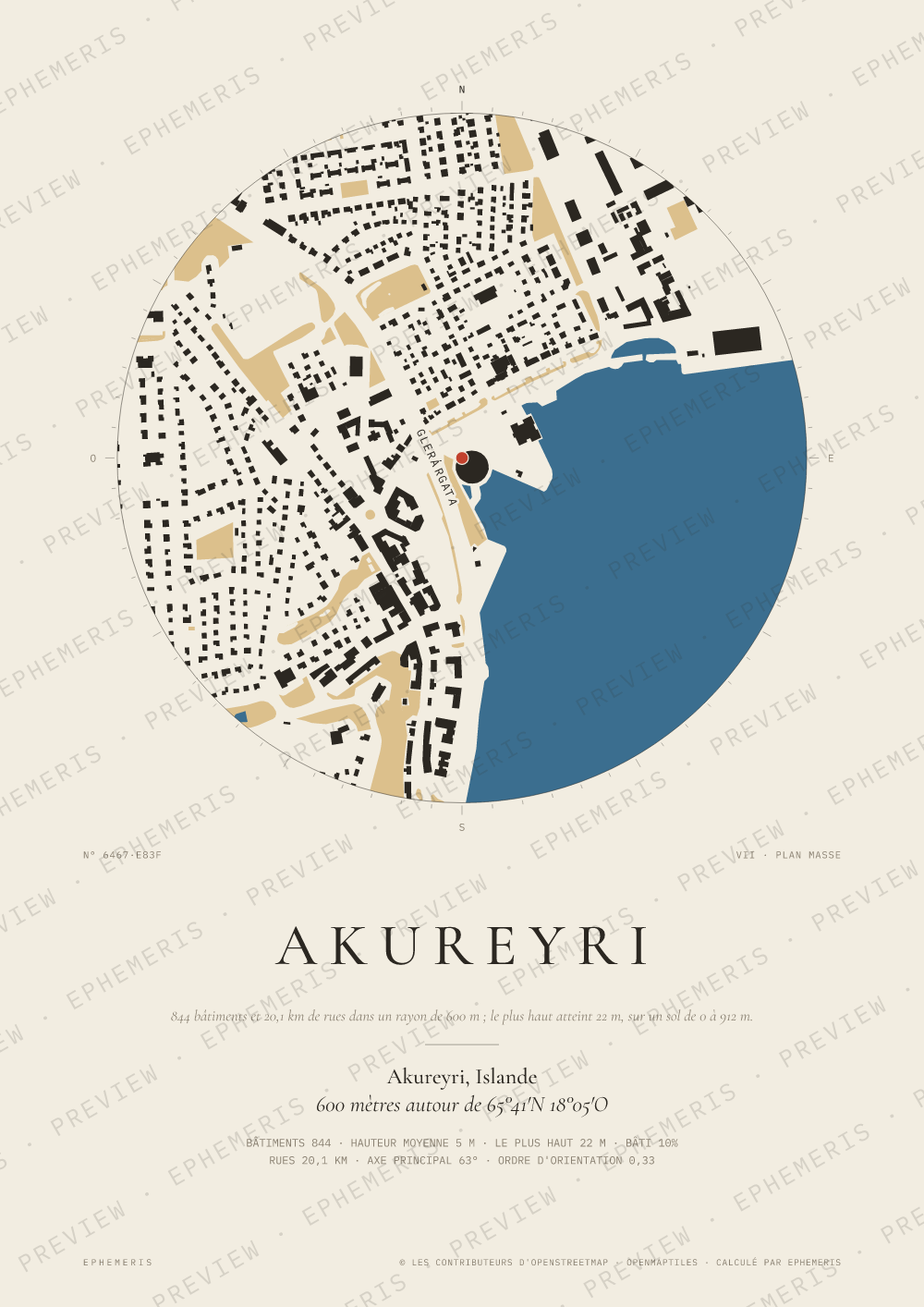 Affiche carte de Akureyri : la ville dessinée en plan