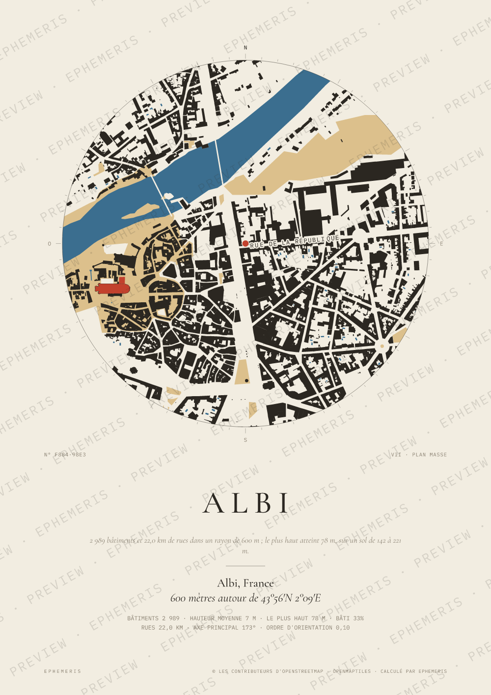 Affiche carte de Albi : la ville dessinée en plan