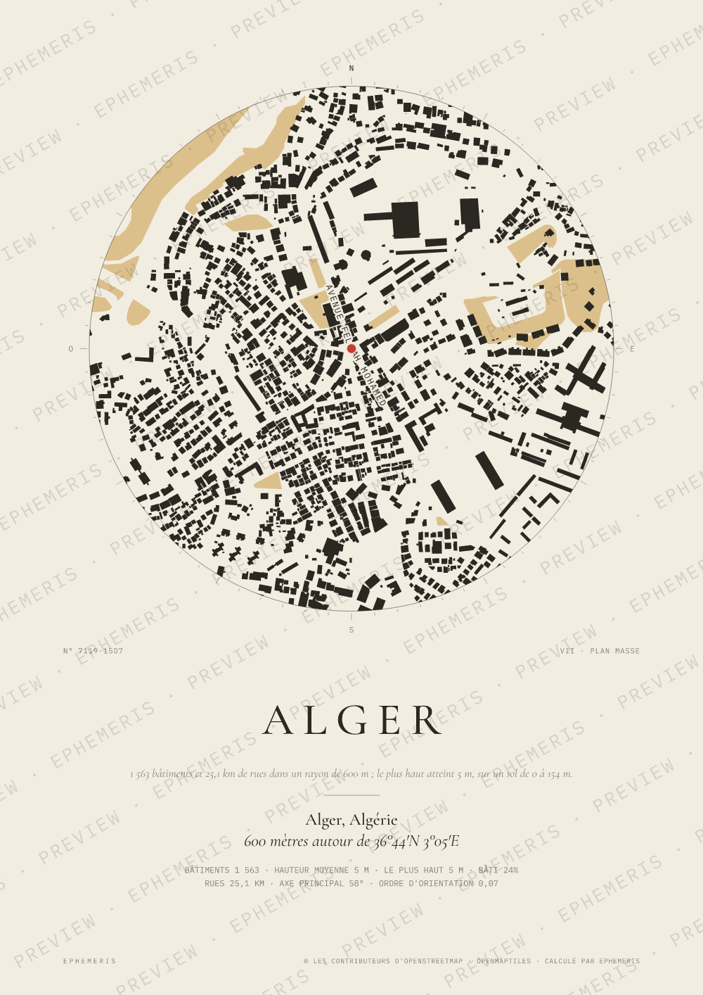 Affiche carte de Alger : la ville dessinée en plan