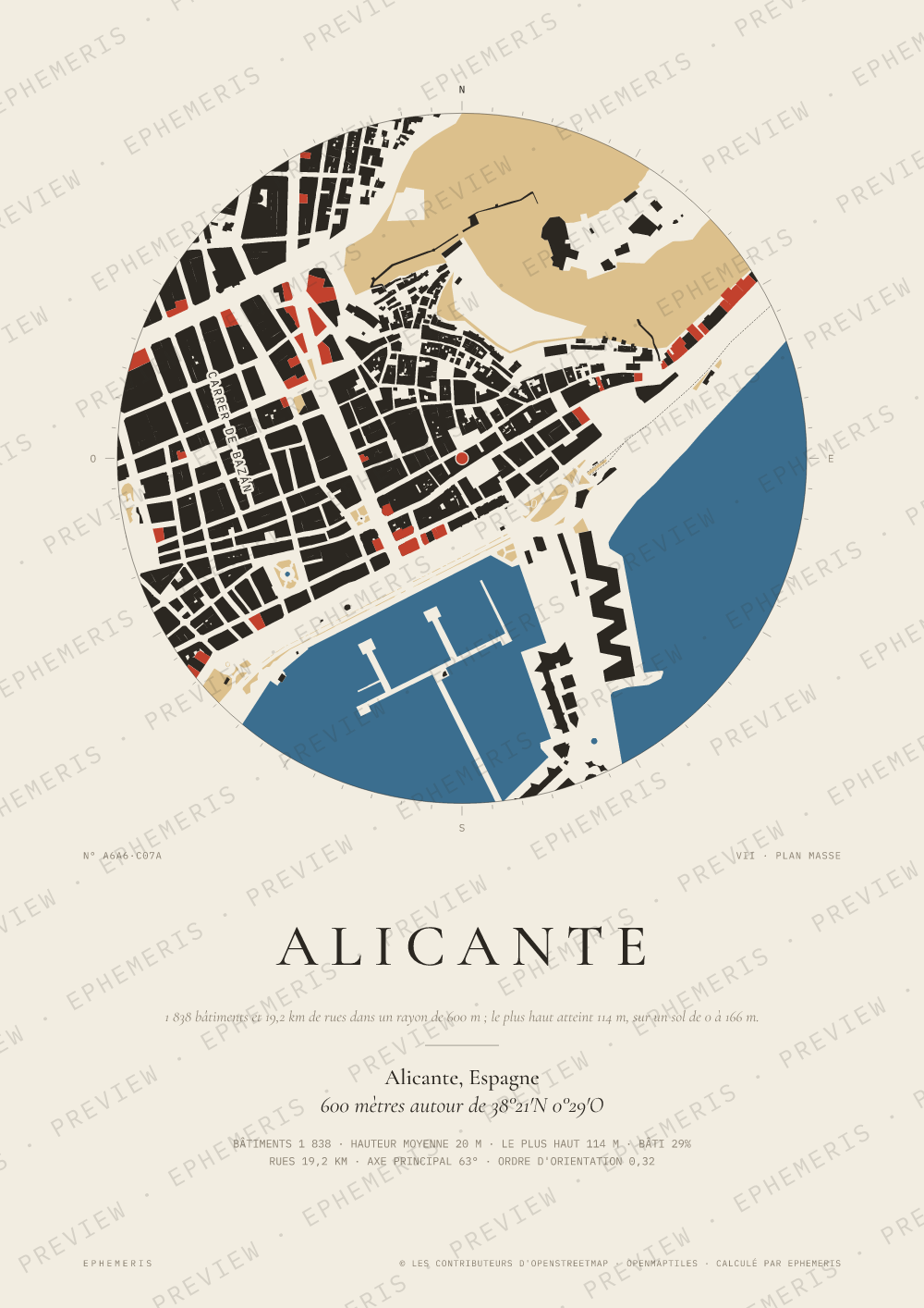Affiche carte de Alicante : la ville dessinée en plan