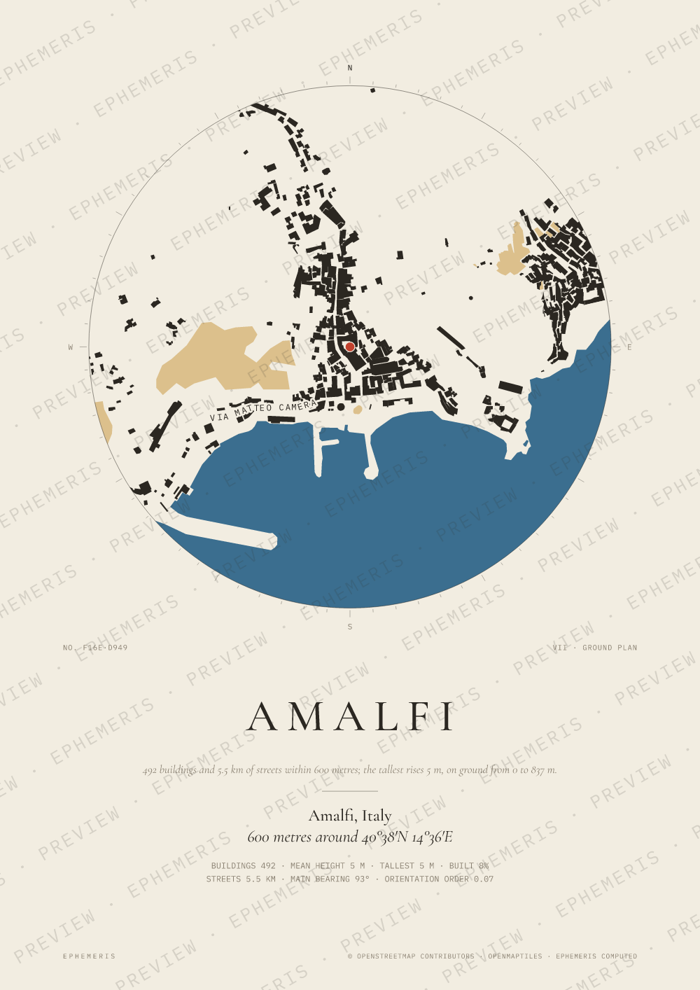 Amalfi map poster: the city drawn as a plan