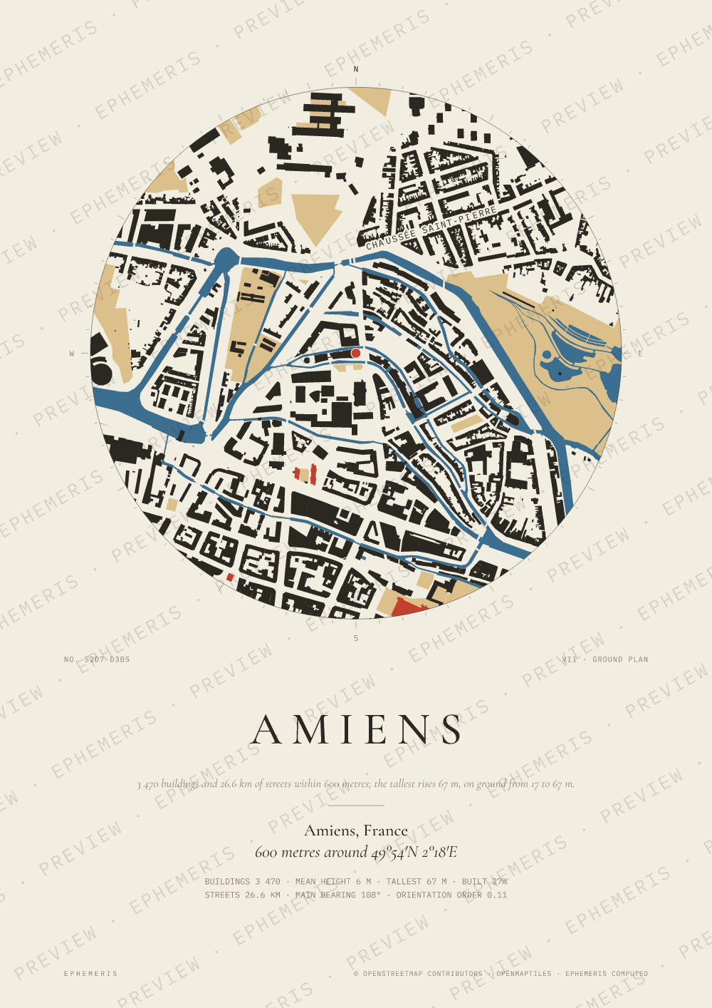 Amiens map poster: the city drawn as a plan