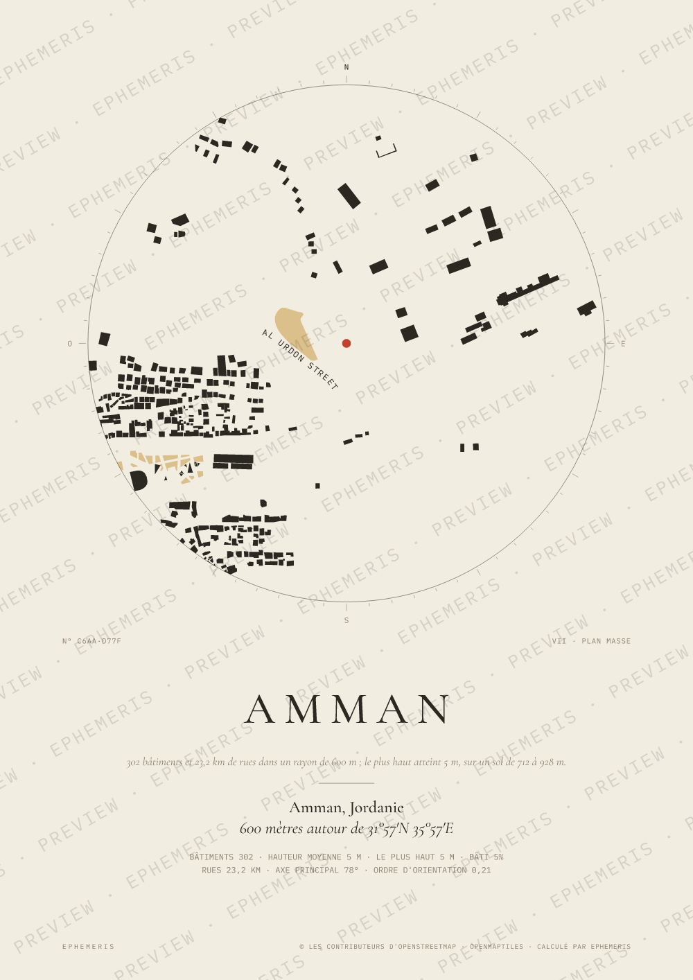 Affiche carte de Amman : la ville dessinée en plan