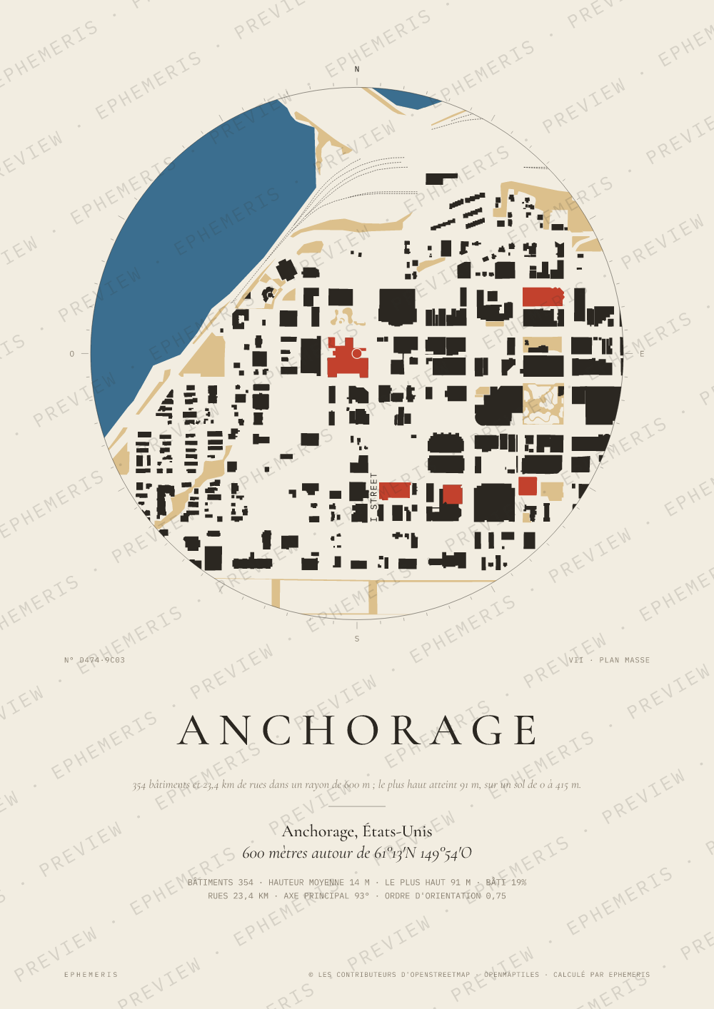 Affiche carte de Anchorage : la ville dessinée en plan
