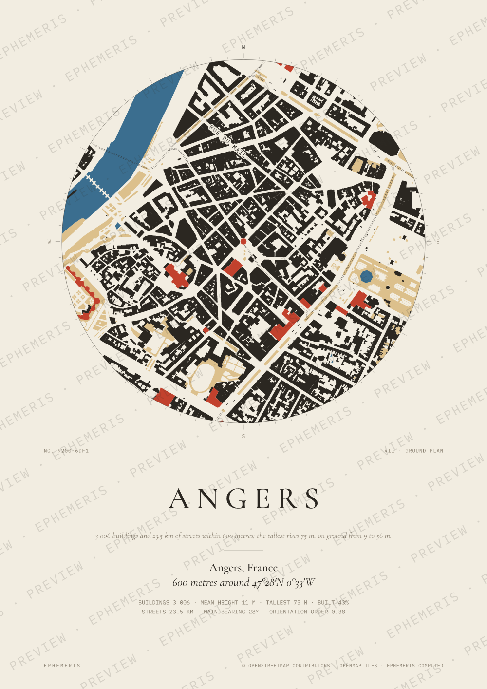 Angers map poster: the city drawn as a plan