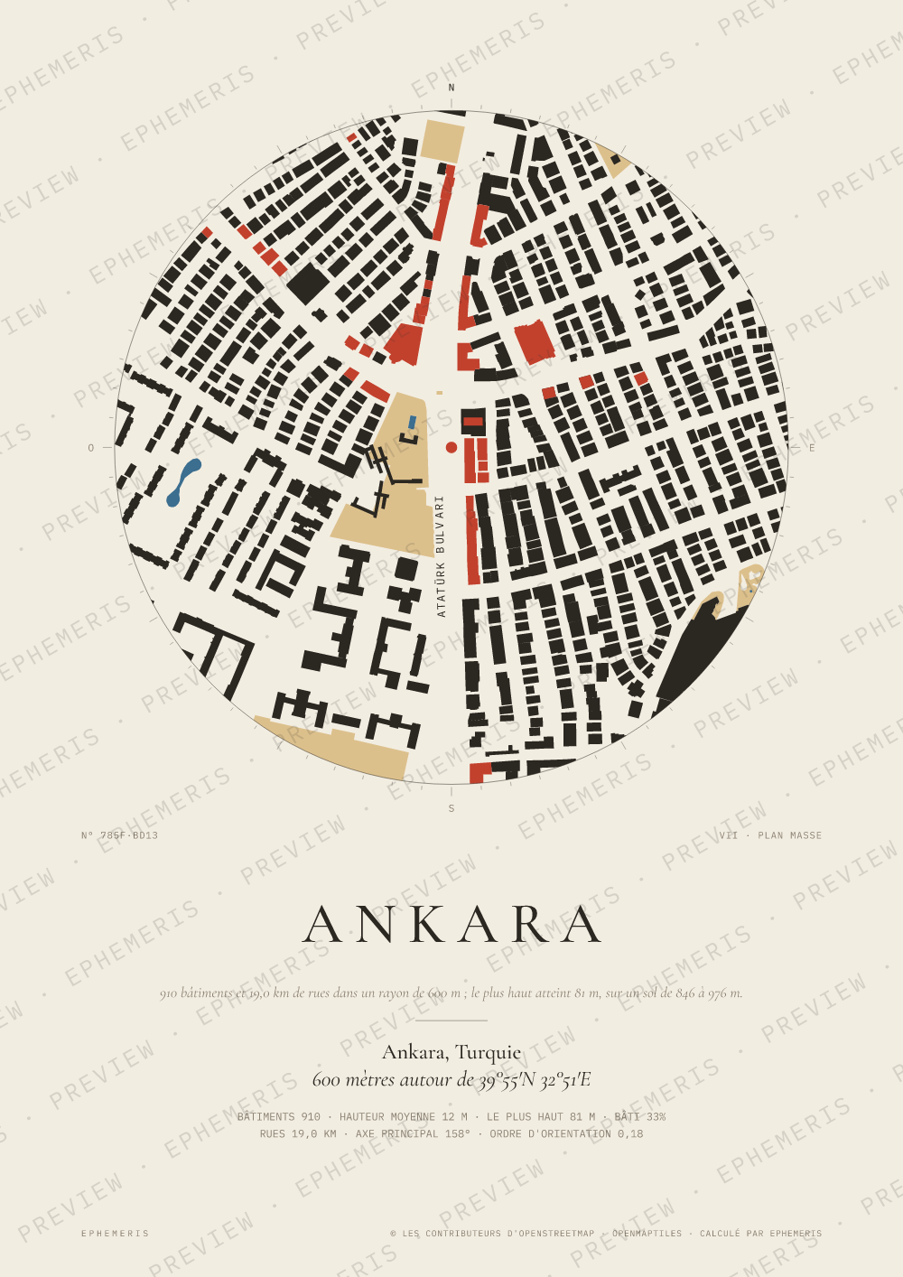 Affiche carte de Ankara : la ville dessinée en plan