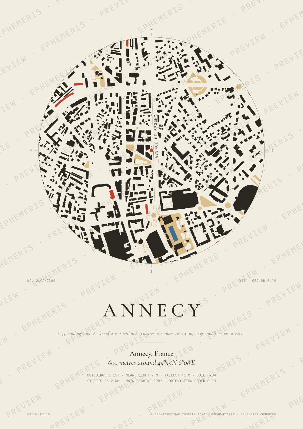 Annecy map poster: the city drawn as a plan