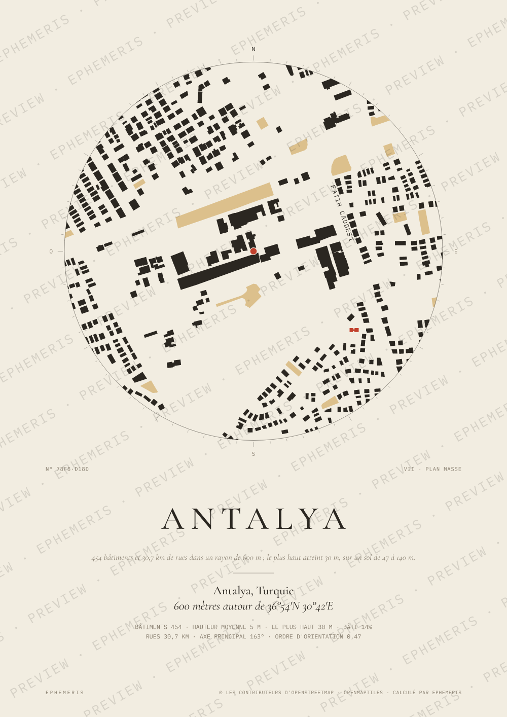 Affiche carte de Antalya : la ville dessinée en plan