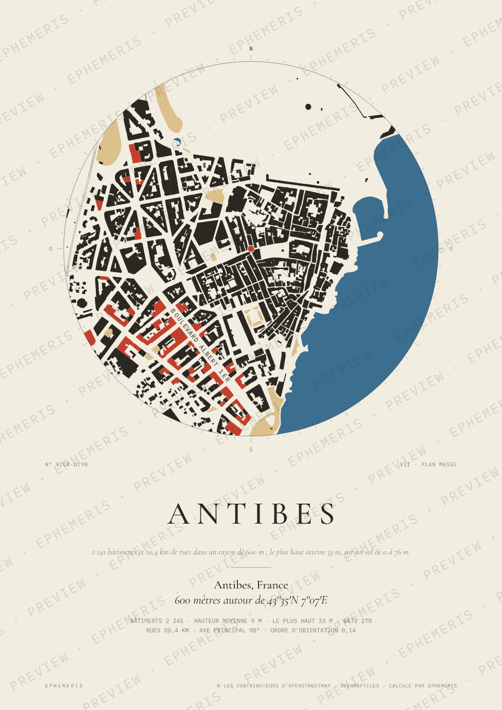 Affiche carte de Antibes : la ville dessinée en plan