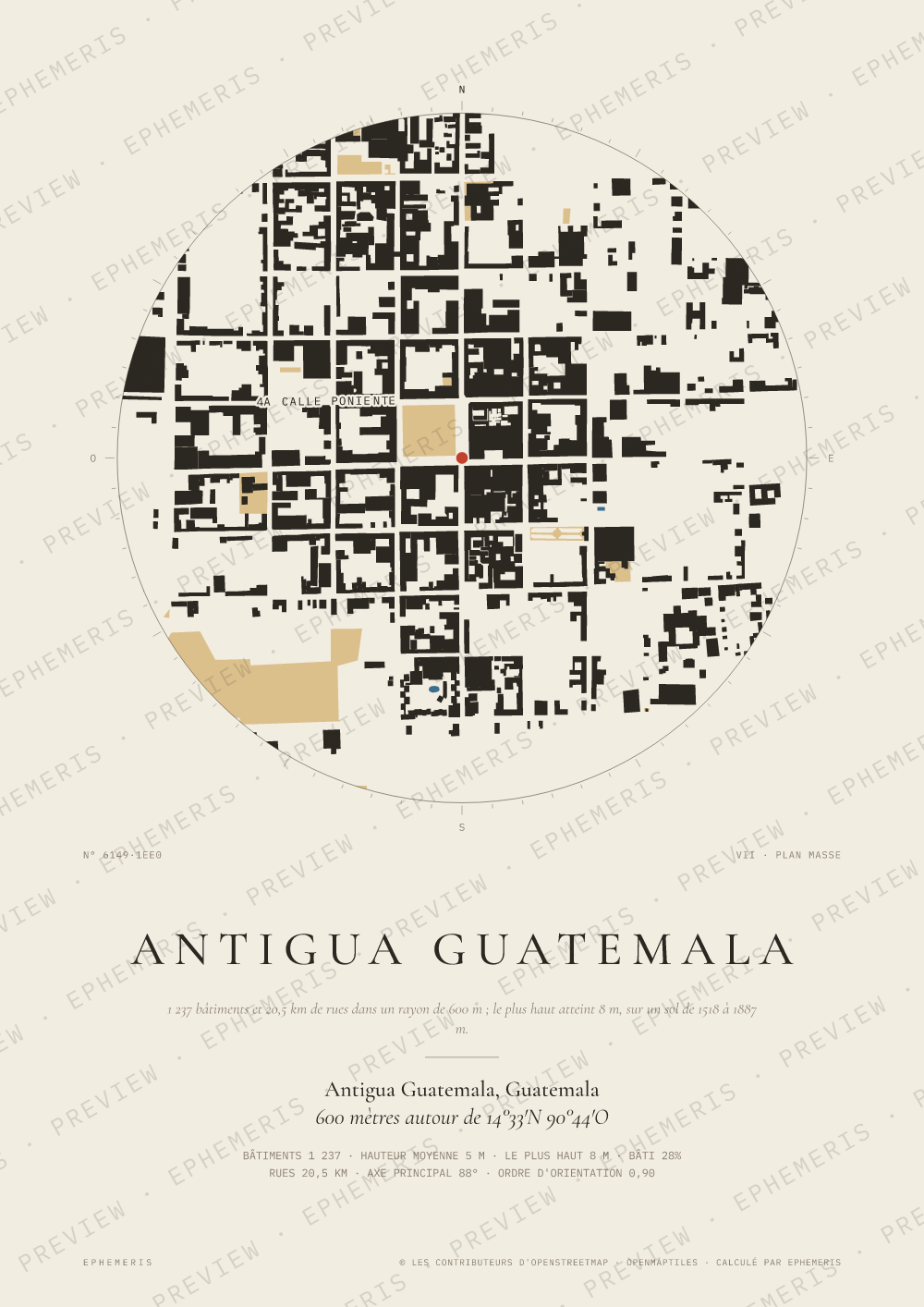 Affiche carte de Antigua Guatemala : la ville dessinée en plan