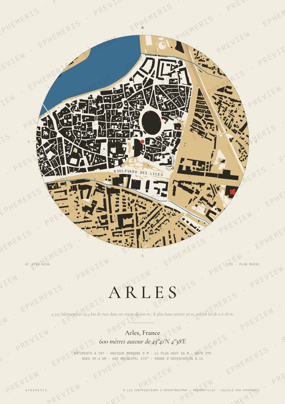 Affiche carte de Arles : la ville dessinée en plan