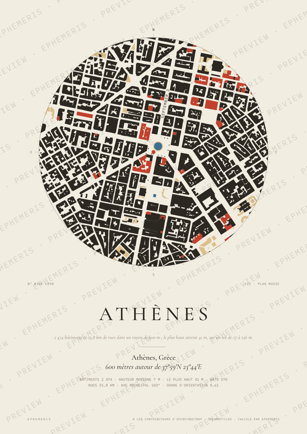 Affiche carte de Athènes : la ville dessinée en plan