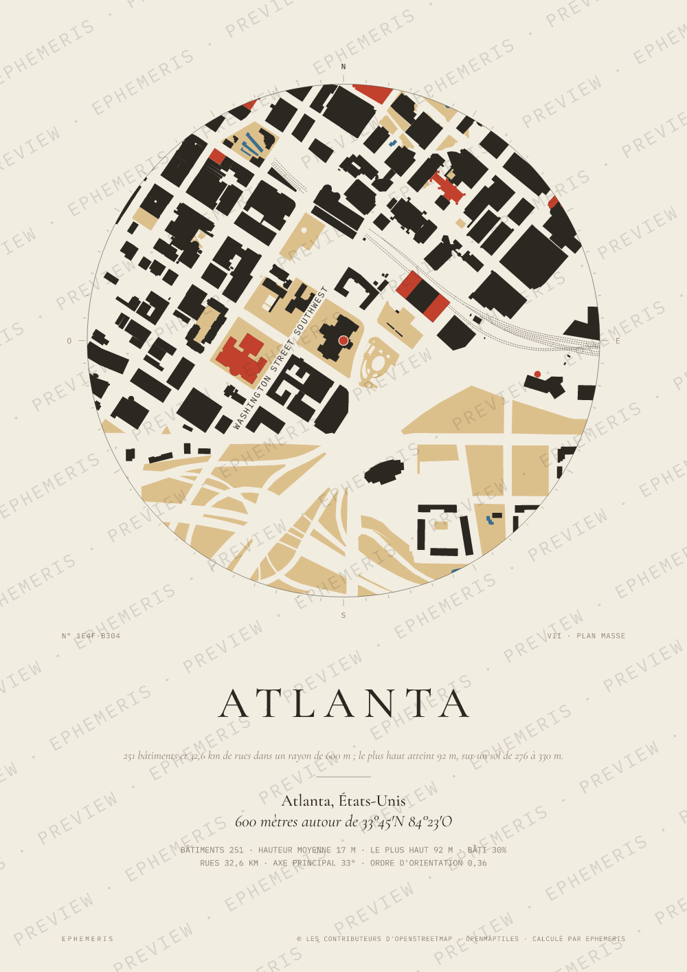 Affiche carte de Atlanta : la ville dessinée en plan