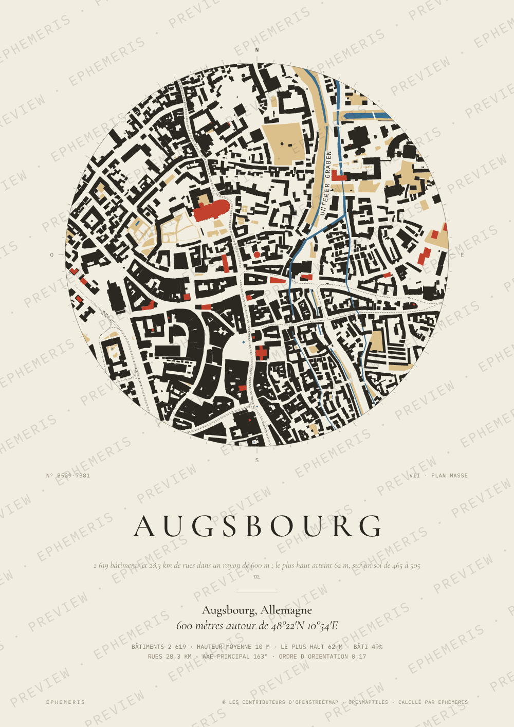 Affiche carte de Augsbourg : la ville dessinée en plan