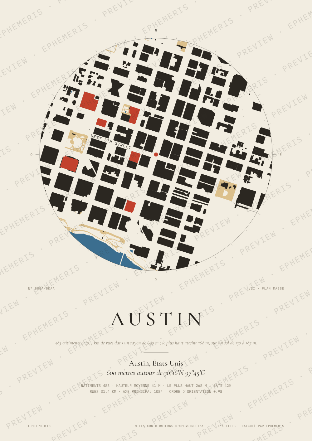 Affiche carte de Austin : la ville dessinée en plan