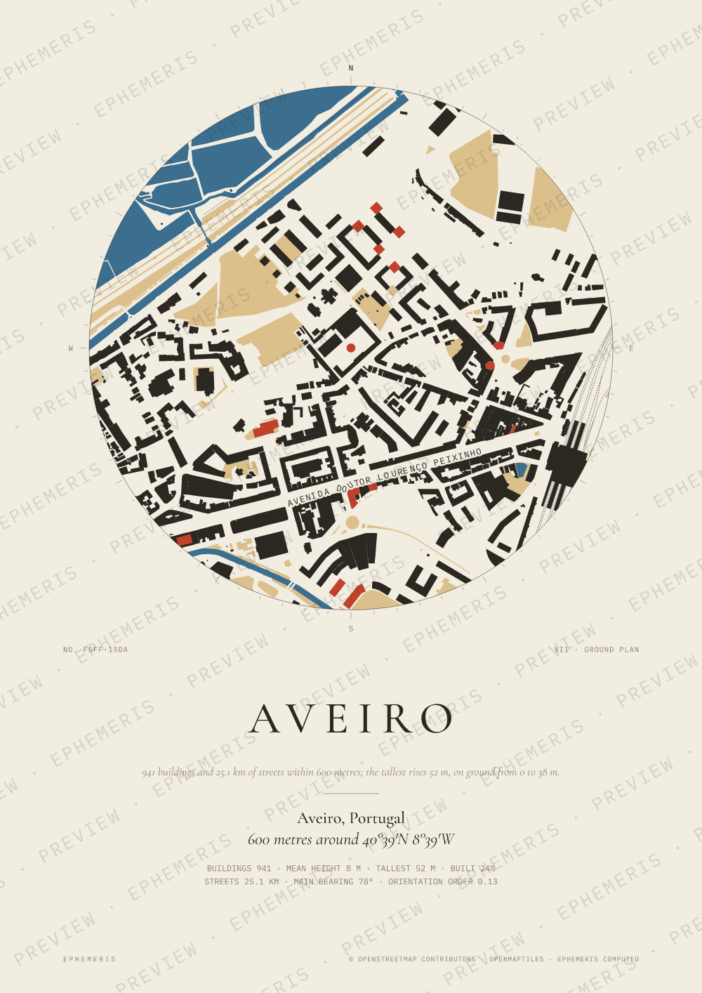Aveiro map poster: the city drawn as a plan