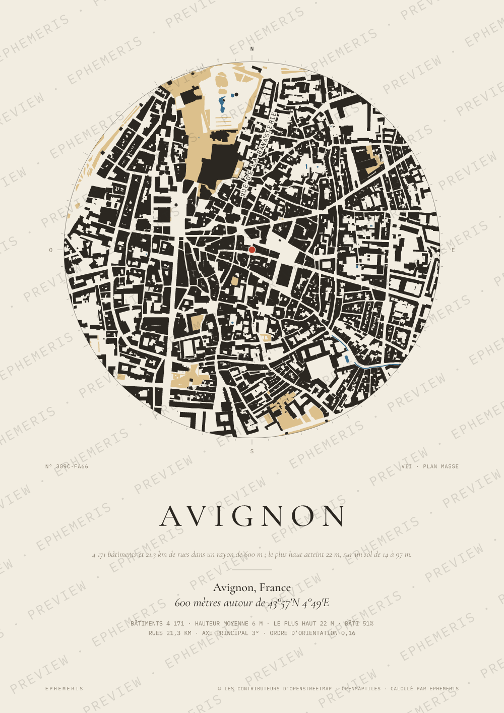 Affiche carte de Avignon : la ville dessinée en plan