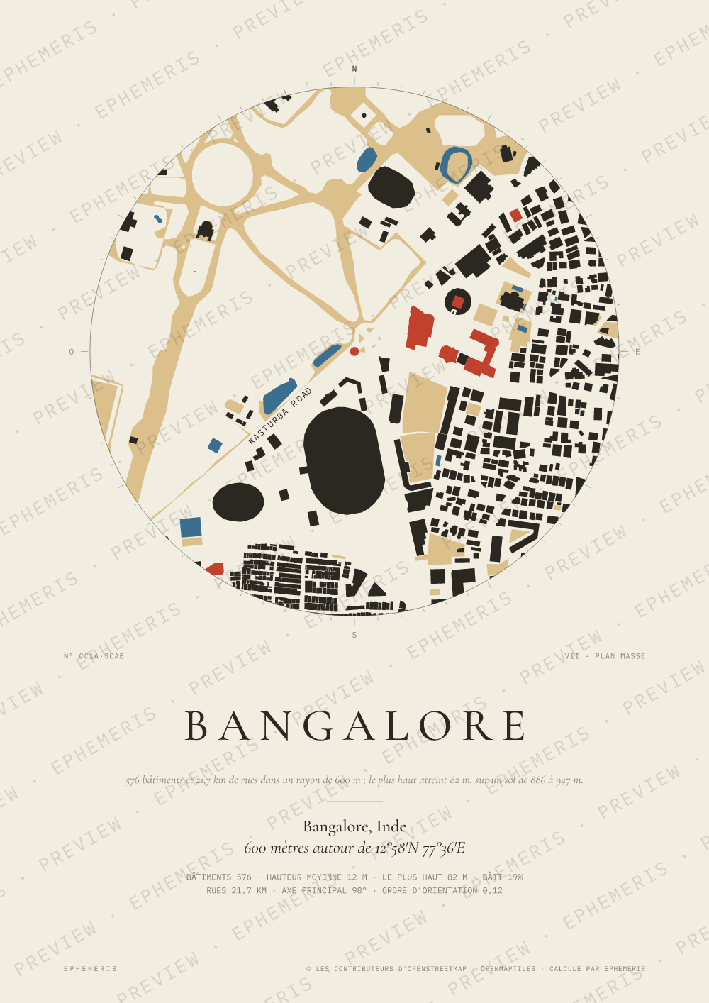 Affiche carte de Bangalore : la ville dessinée en plan