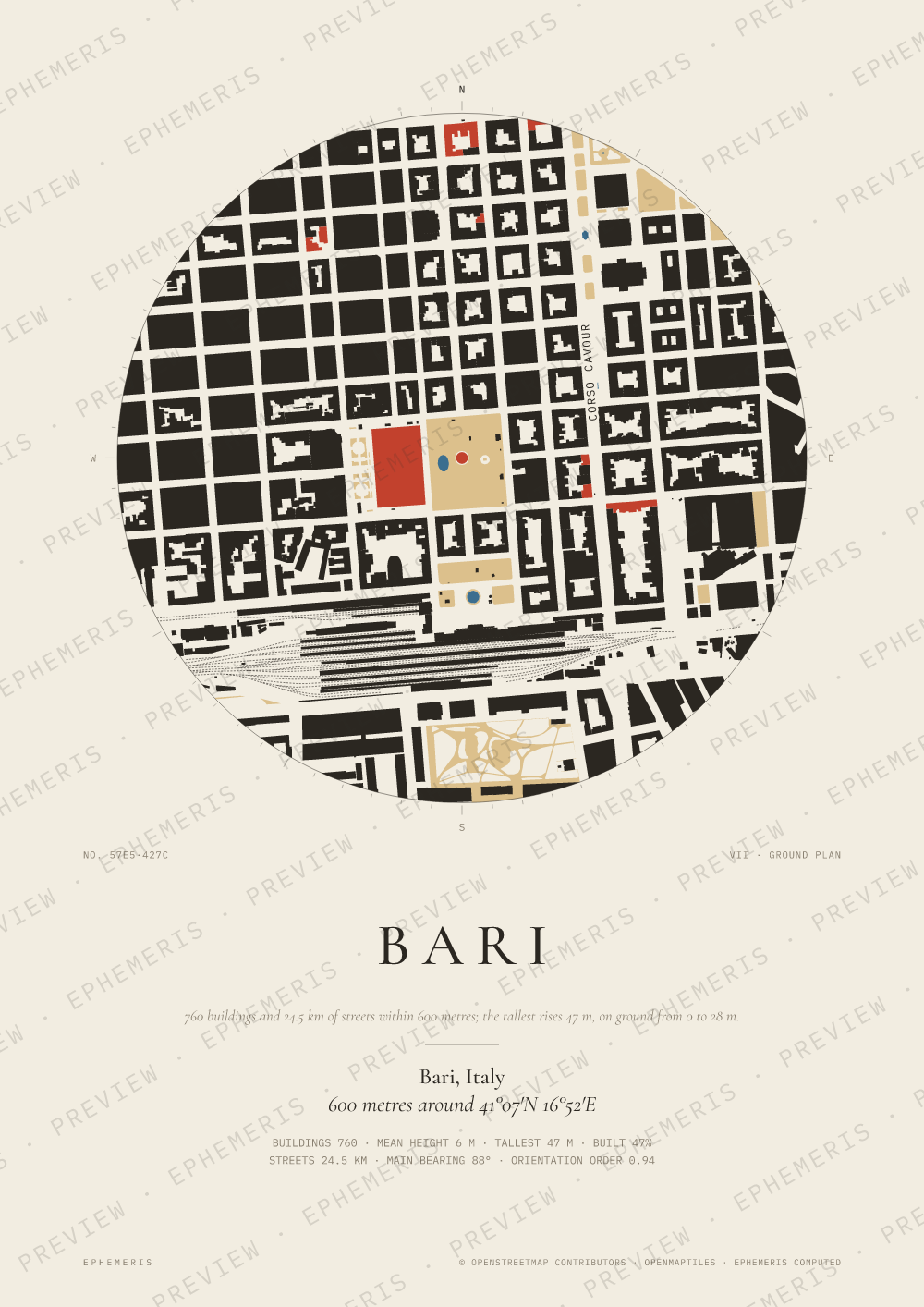 Bari map poster: the city drawn as a plan