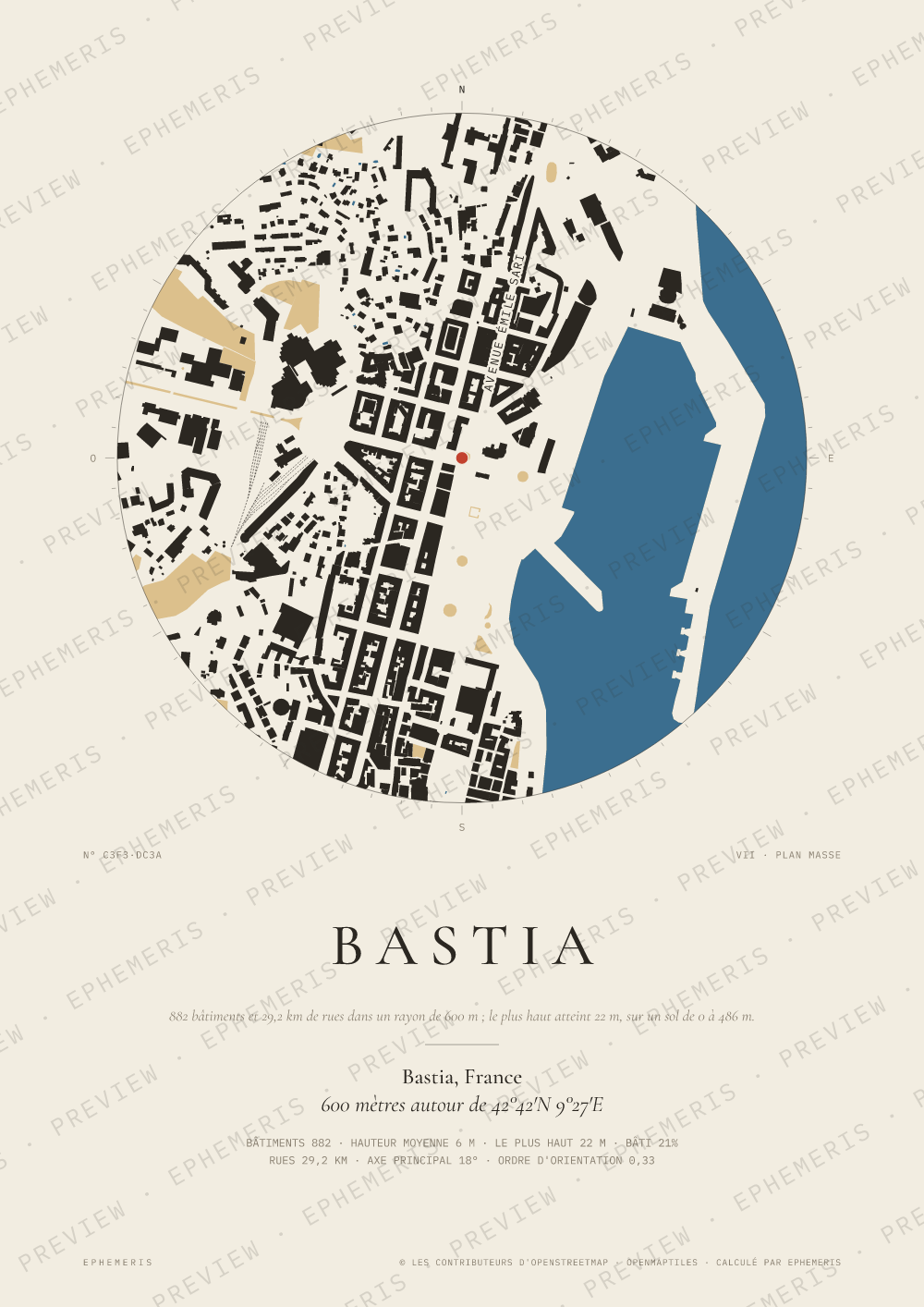Affiche carte de Bastia : la ville dessinée en plan