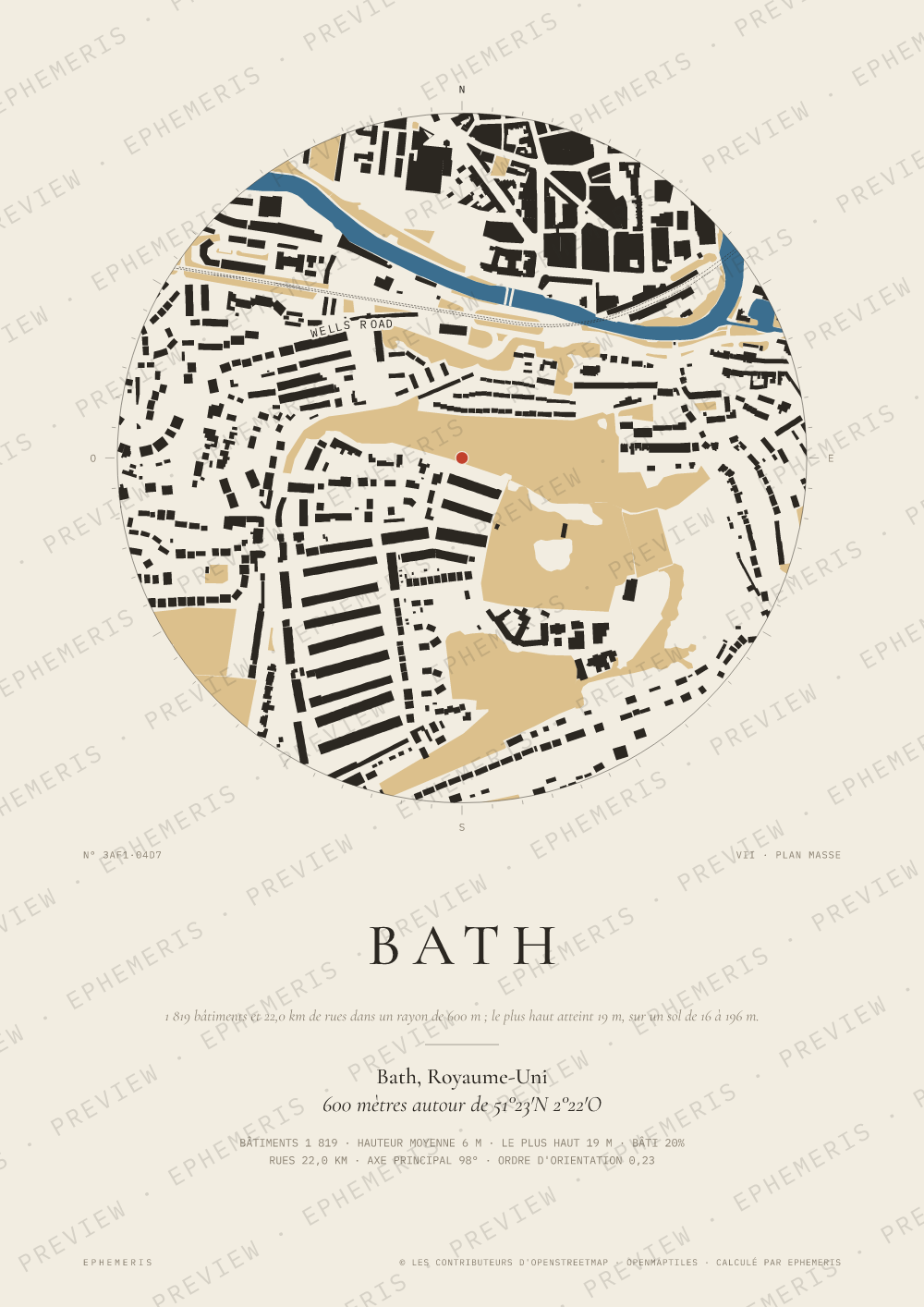 Affiche carte de Bath : la ville dessinée en plan