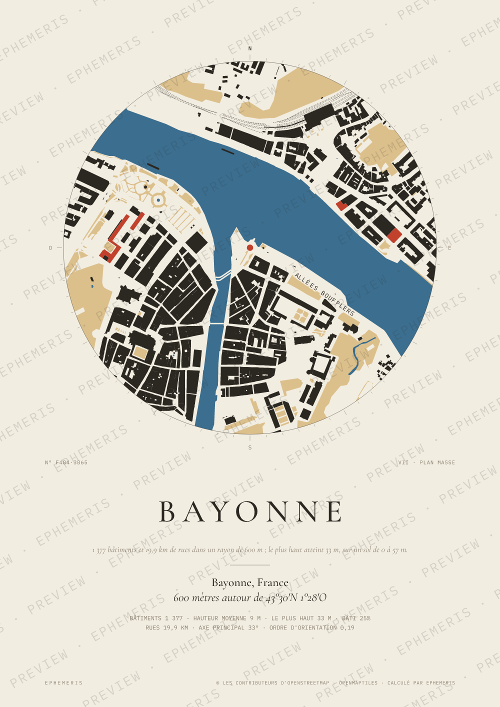 Affiche carte de Bayonne : la ville dessinée en plan