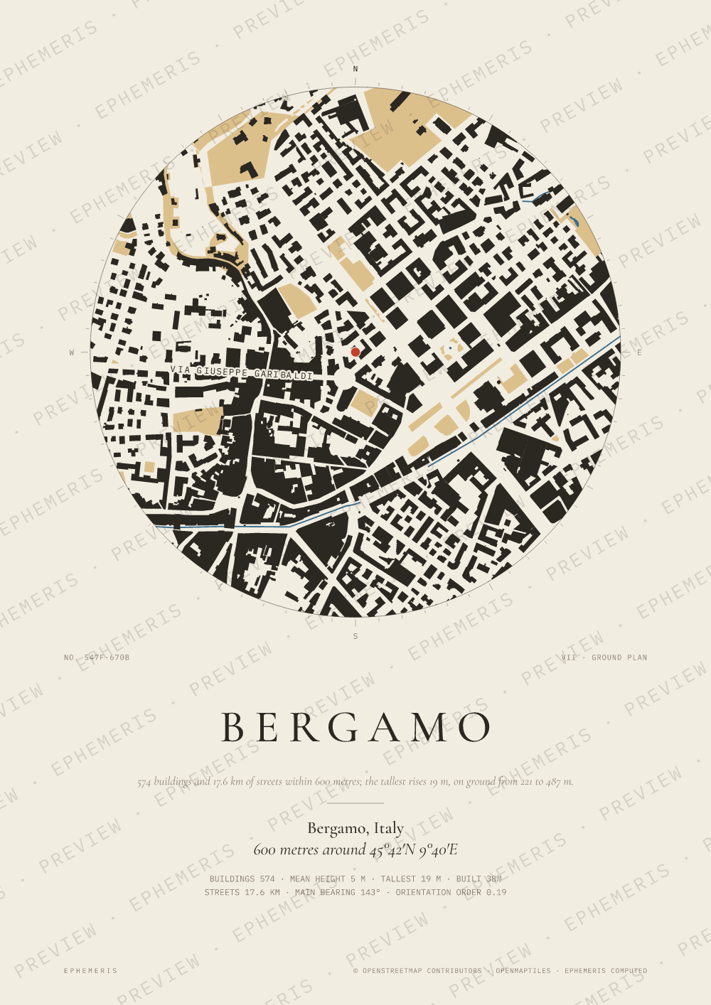 Bergamo map poster: the city drawn as a plan