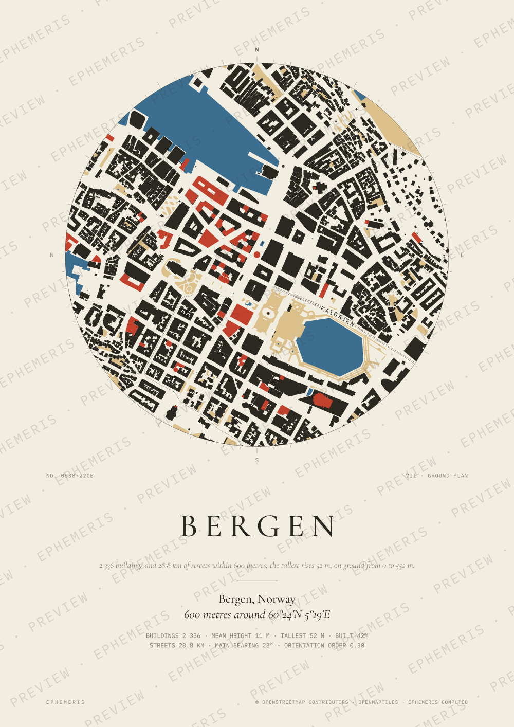 Bergen map poster: the city drawn as a plan