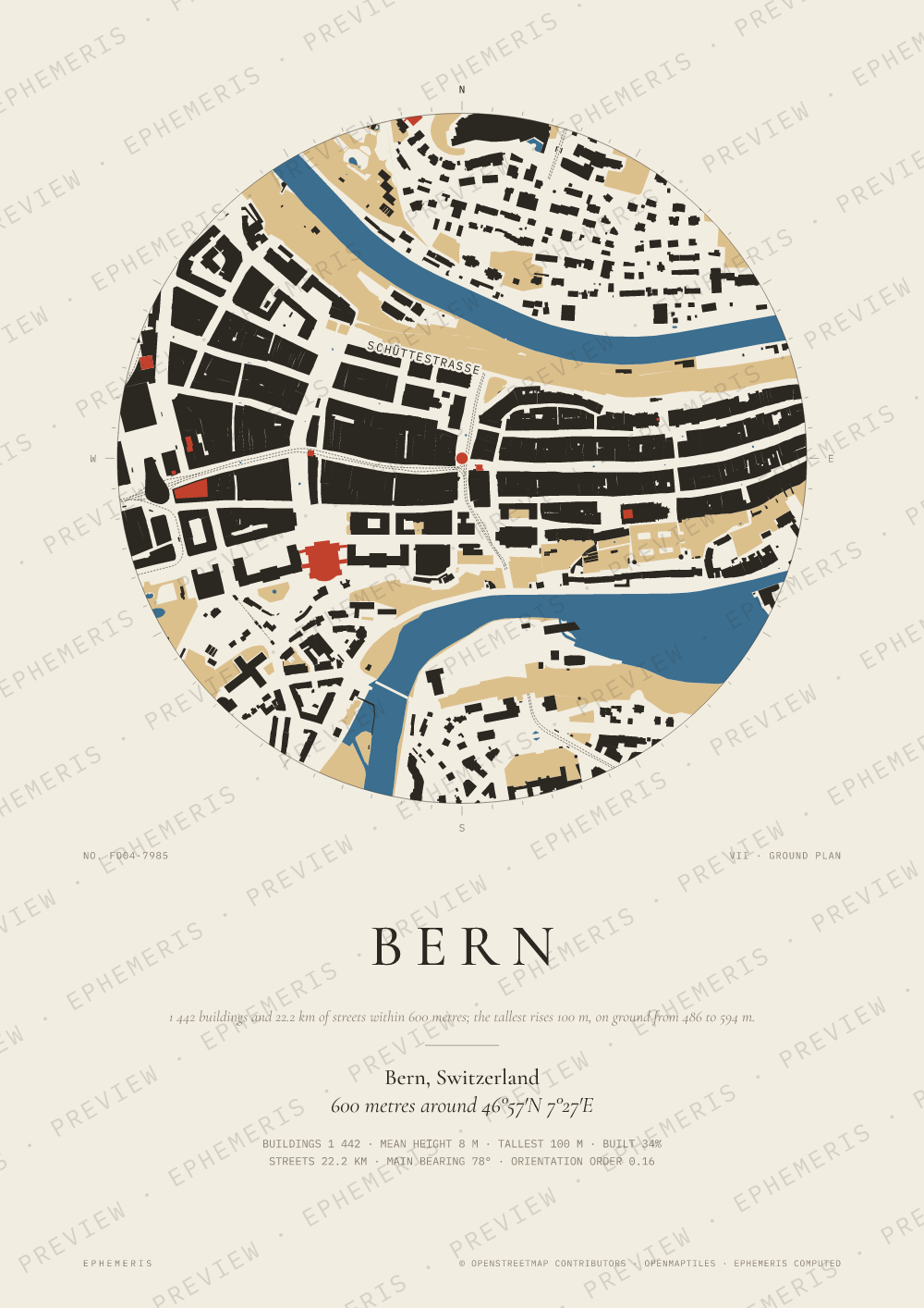 Bern map poster: the city drawn as a plan