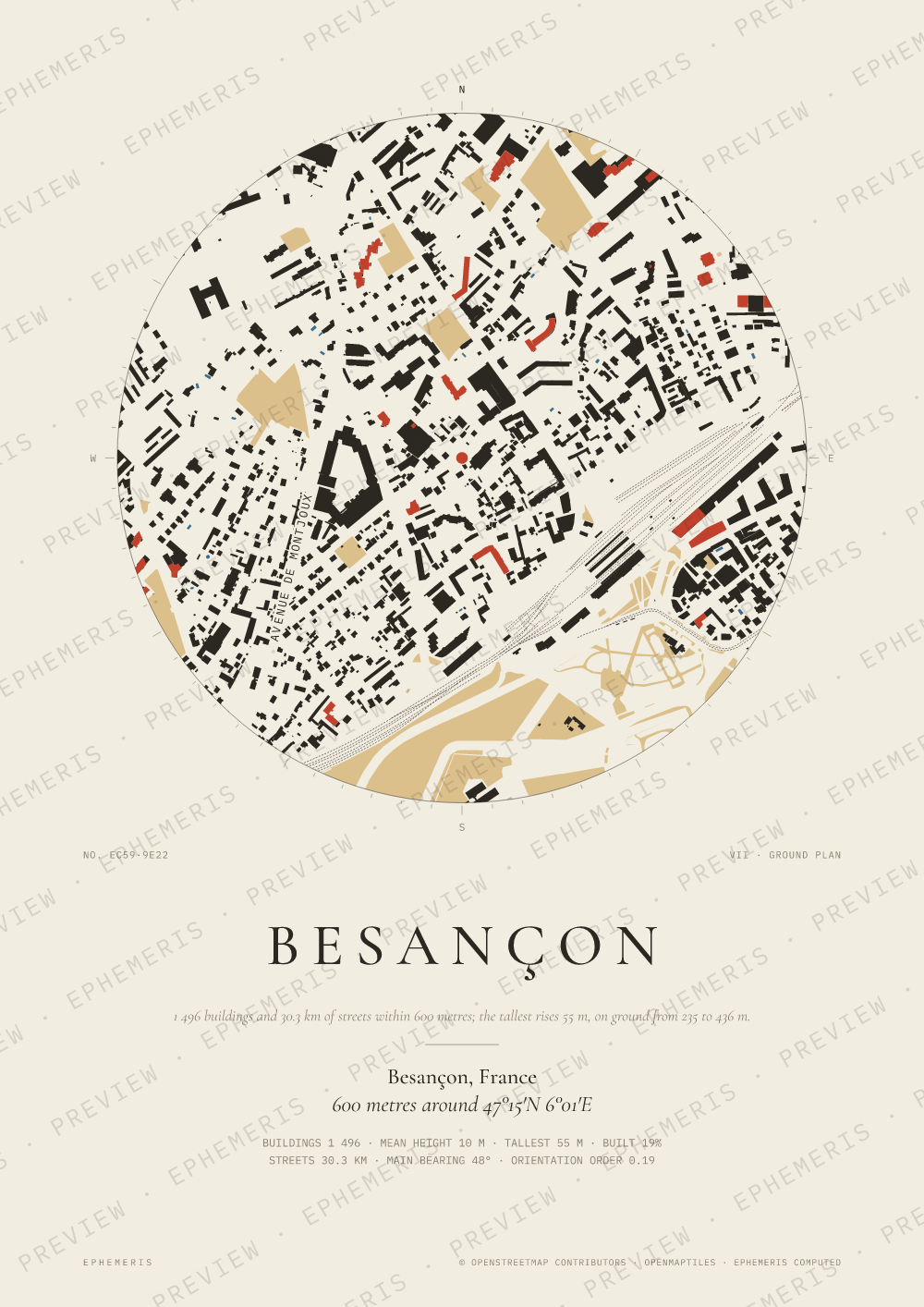 Besançon map poster: the city drawn as a plan