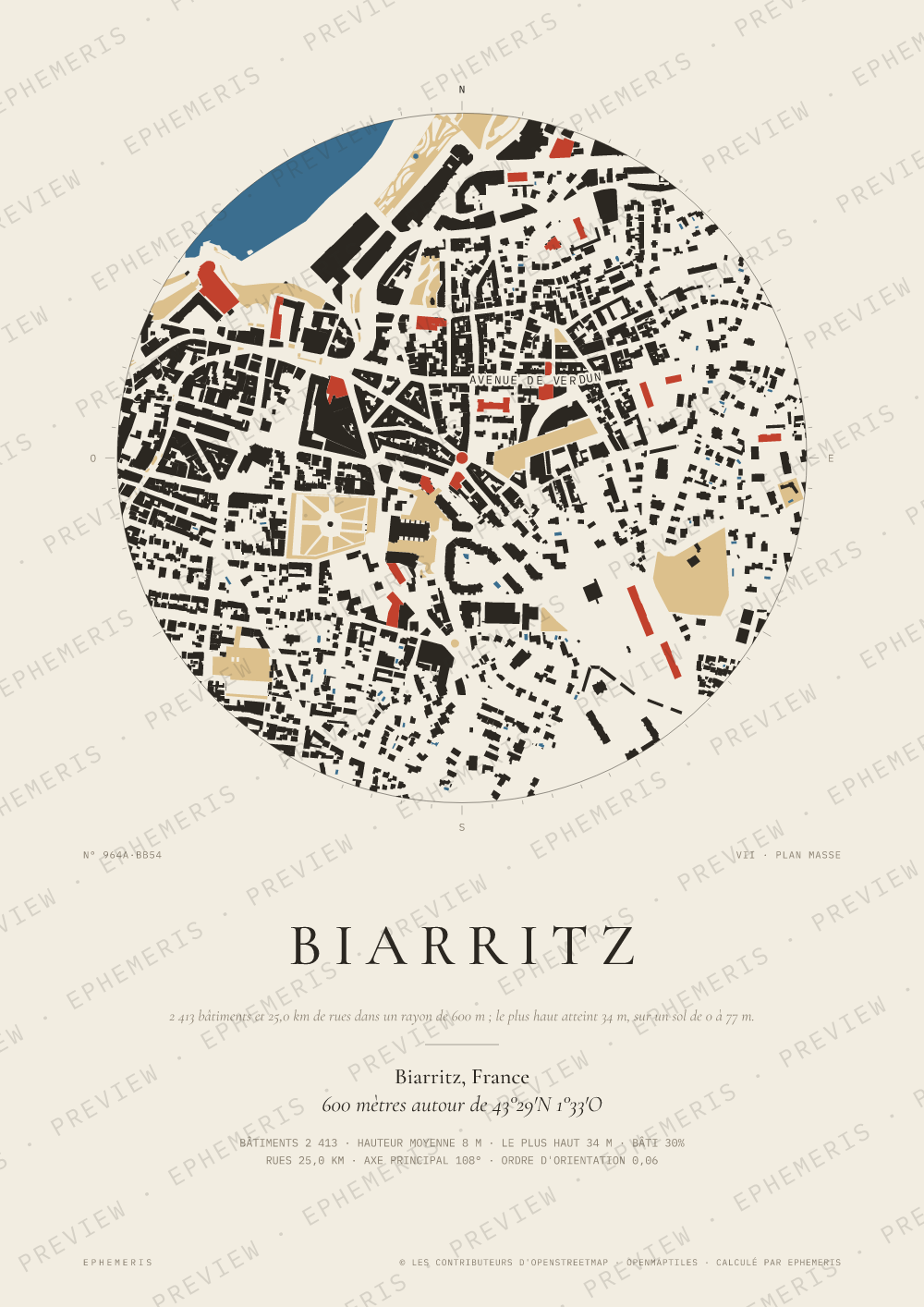 Affiche carte de Biarritz : la ville dessinée en plan