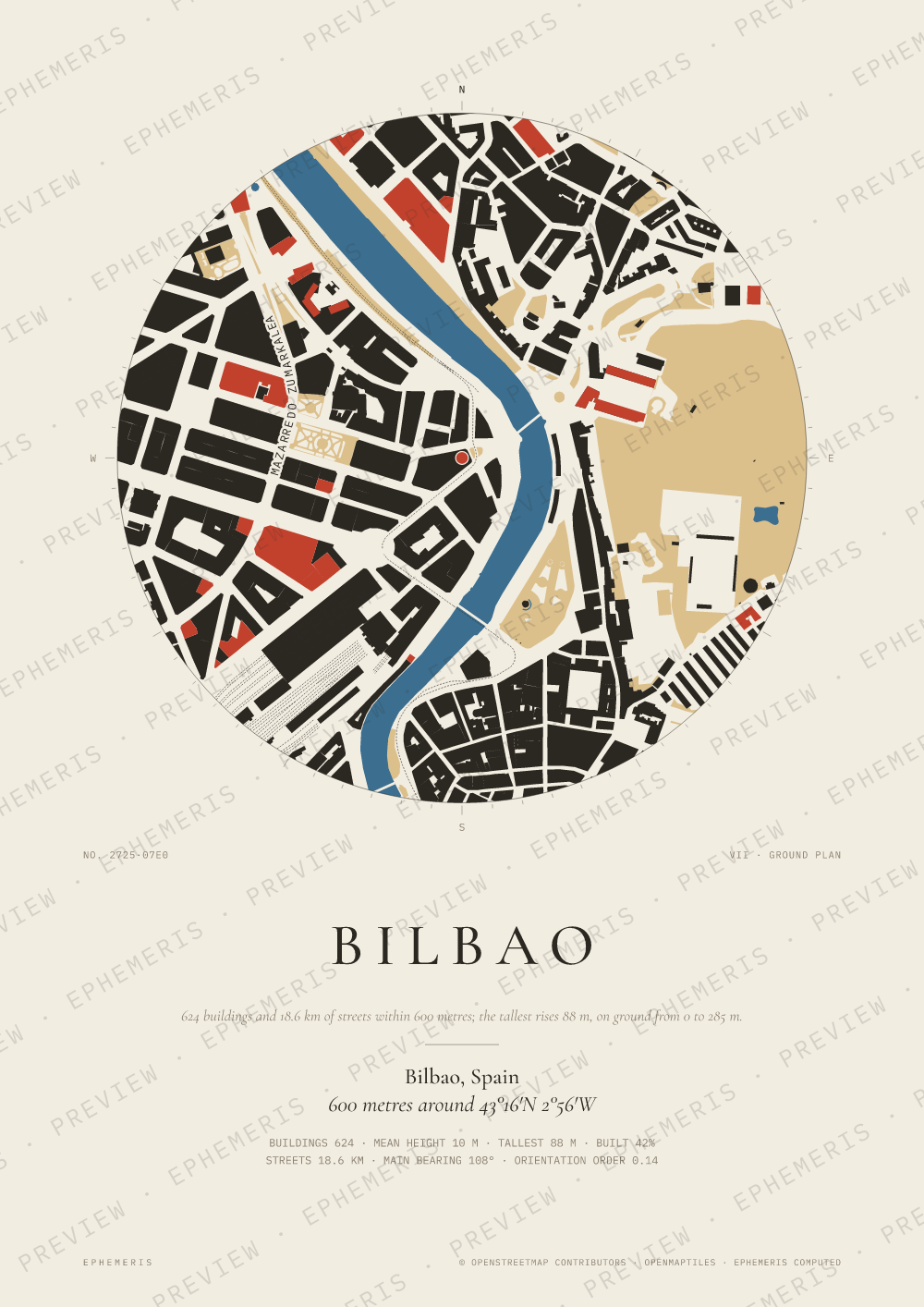 Bilbao map poster: the city drawn as a plan