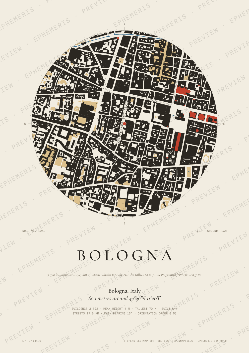 Bologna map poster: the city drawn as a plan