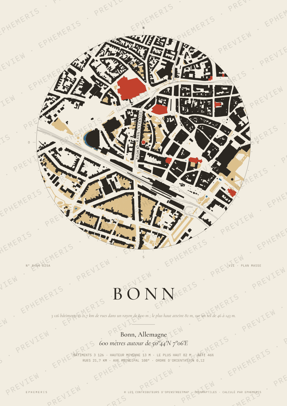 Affiche carte de Bonn : la ville dessinée en plan