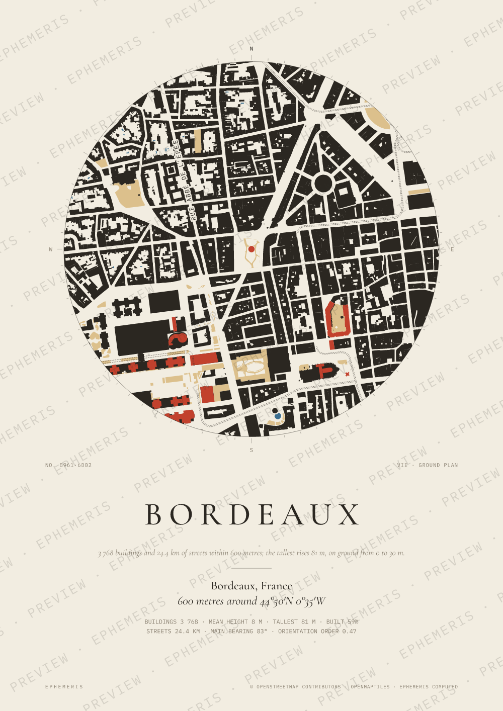 Bordeaux map poster: the city drawn as a plan
