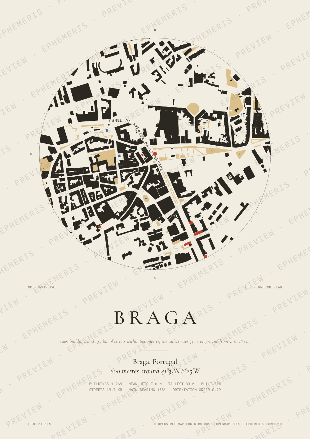 Braga map poster: the city drawn as a plan