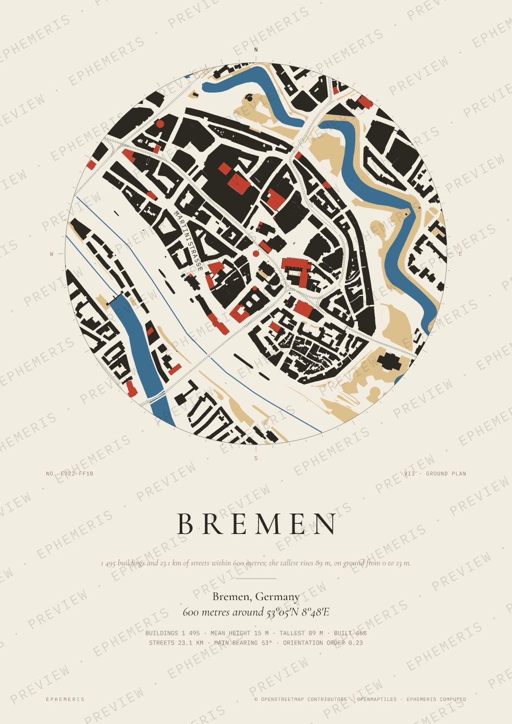 Bremen map poster: the city drawn as a plan
