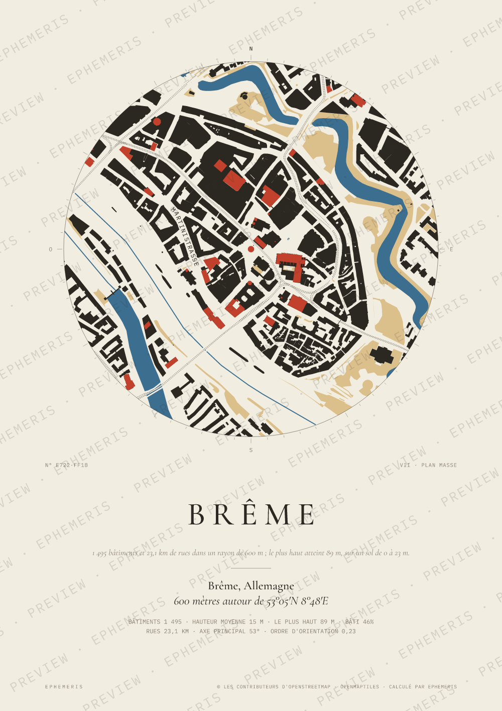 Affiche carte de Brême : la ville dessinée en plan