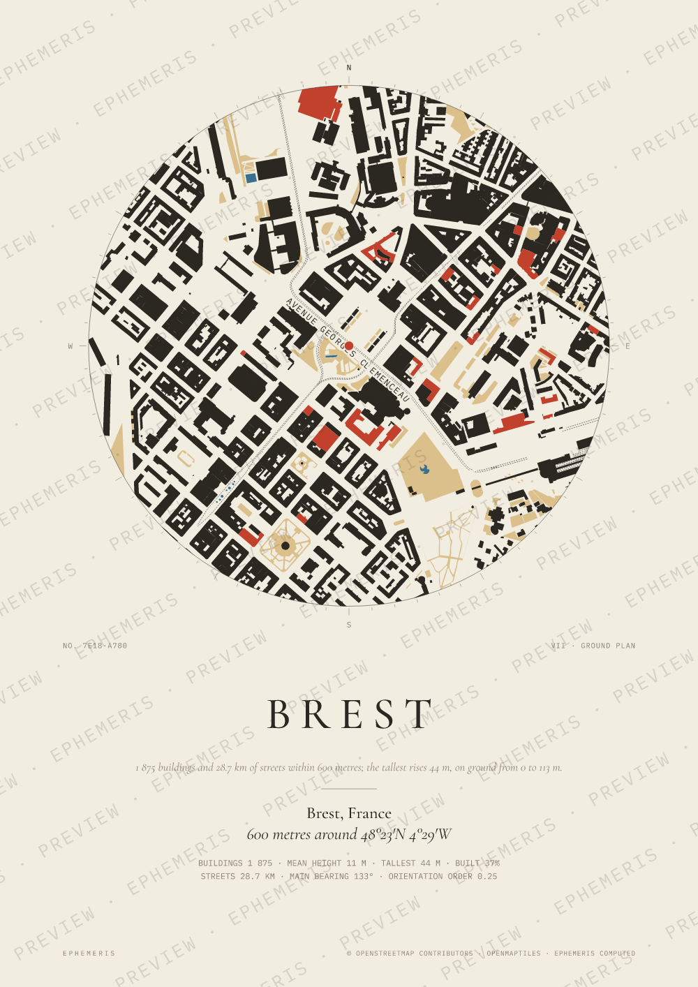 Brest map poster: the city drawn as a plan