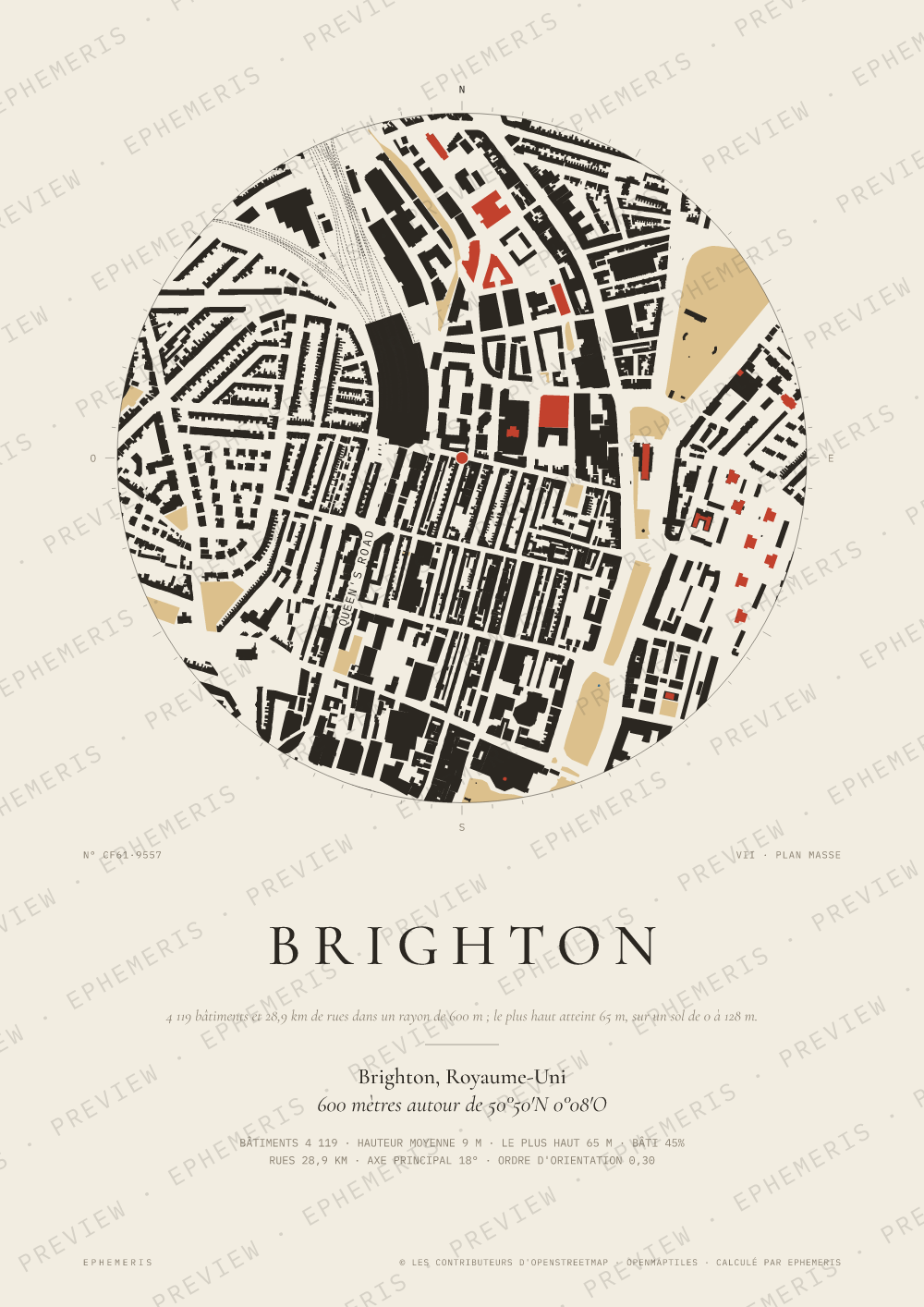 Affiche carte de Brighton : la ville dessinée en plan