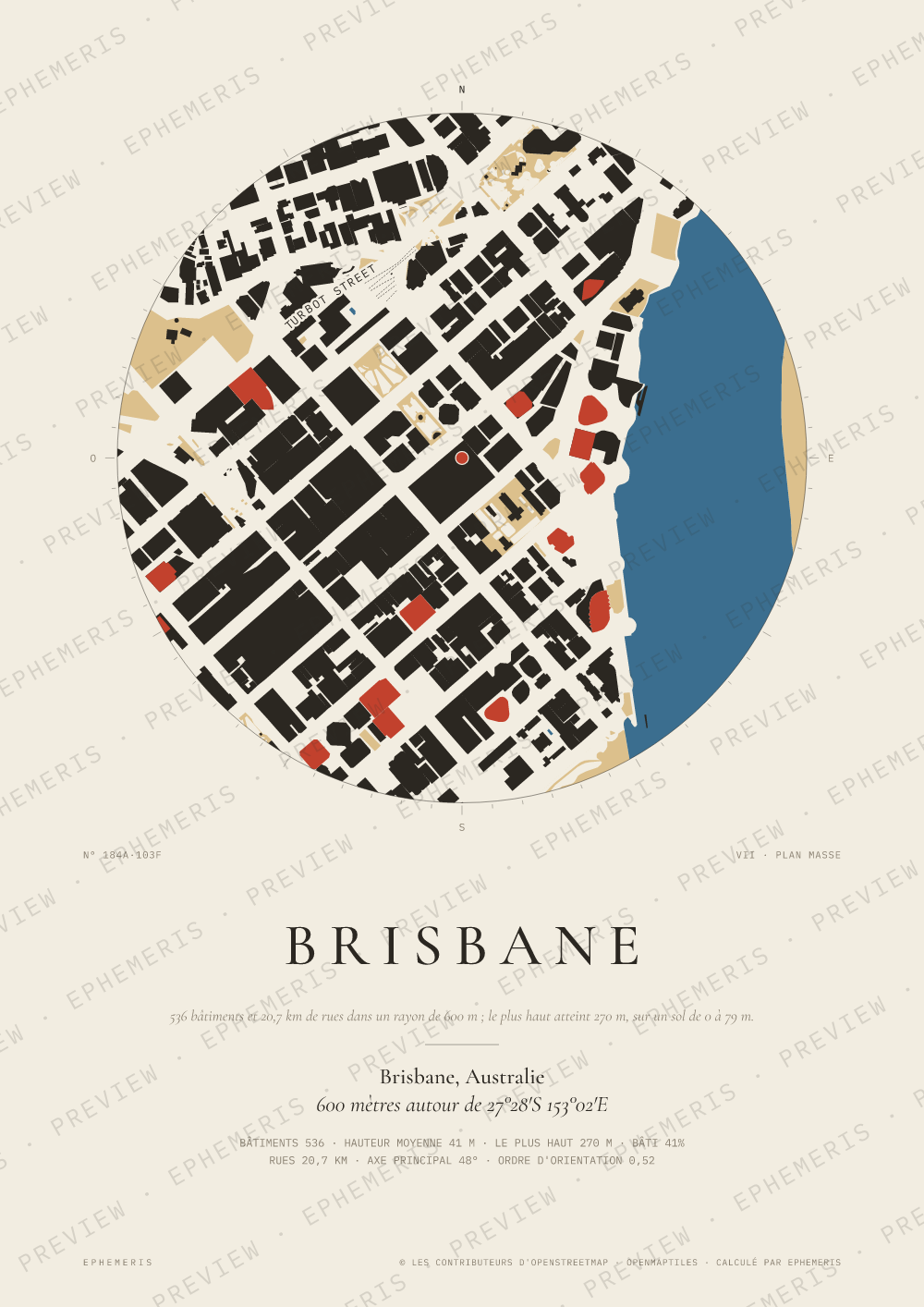 Affiche carte de Brisbane : la ville dessinée en plan