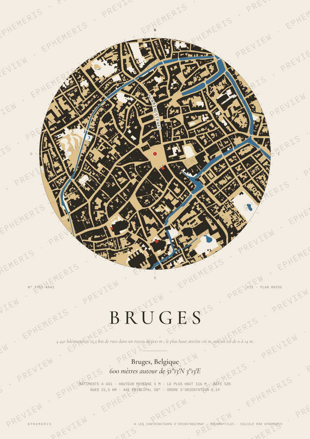Affiche carte de Bruges : la ville dessinée en plan